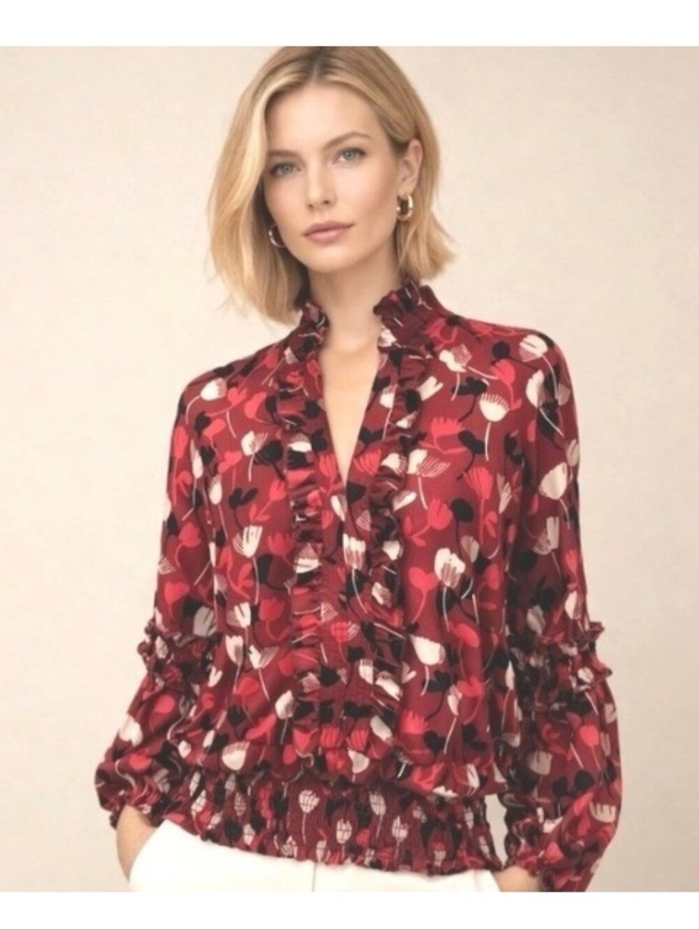 CAbi Red Pink Floral Ruffle Blouse